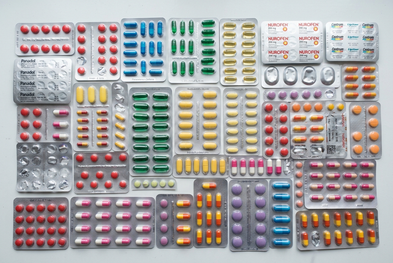 Blister packs of assorted pills and capsules