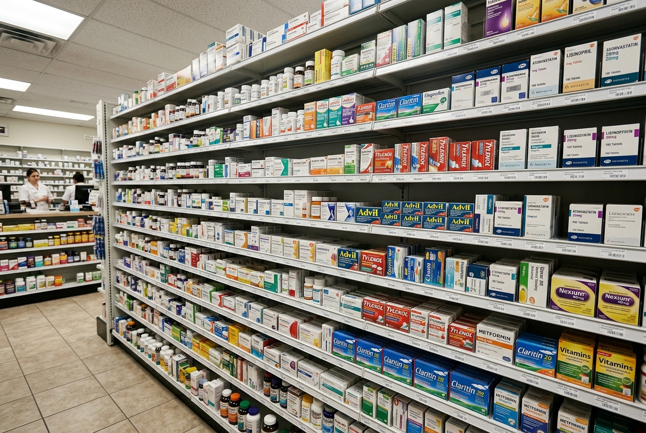 Pharmacy shelf with rows of packaged medicines