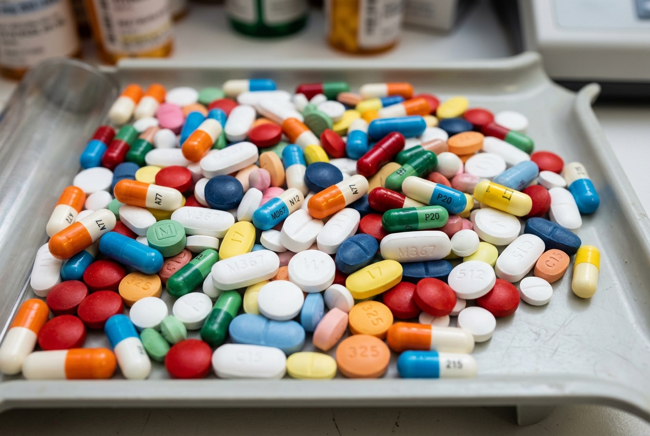 Colourful mixed medication capsules and tablets